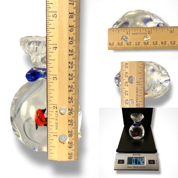 Art Glass Fish in a Bag Paperweight Clear Blue Red Hand Blown Murano Style Decor - Picture 9 of 9